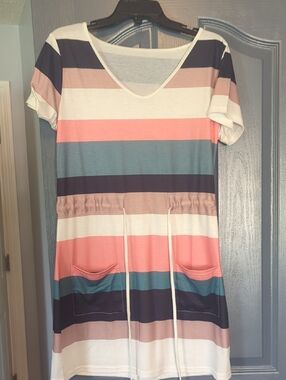 Striped V-Neck Drawstring Pocket Tunic Dress in Coral, Teal & Navy